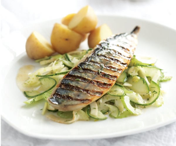 Grilled mackerel salad with miso dressing