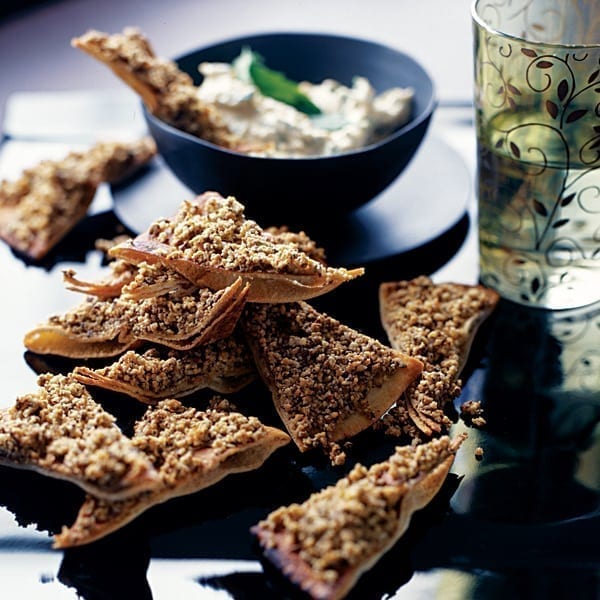 Crispy dukka flatbreads with herbed houmous