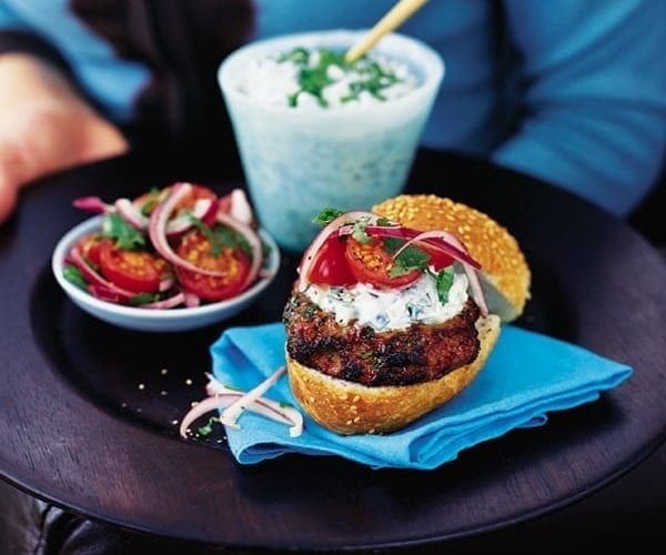 Turkey burgers on a blue serviette