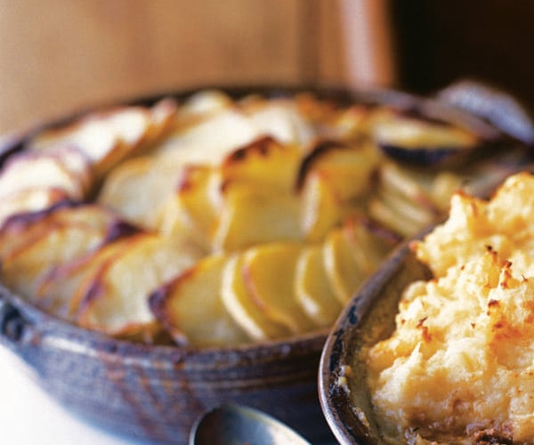 Lancashire hotpot in a blue bowl