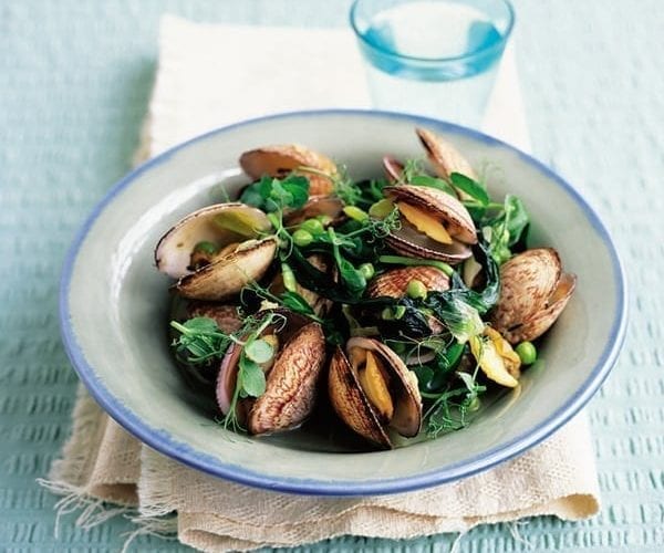 Clams with pea shoots and wild garlic