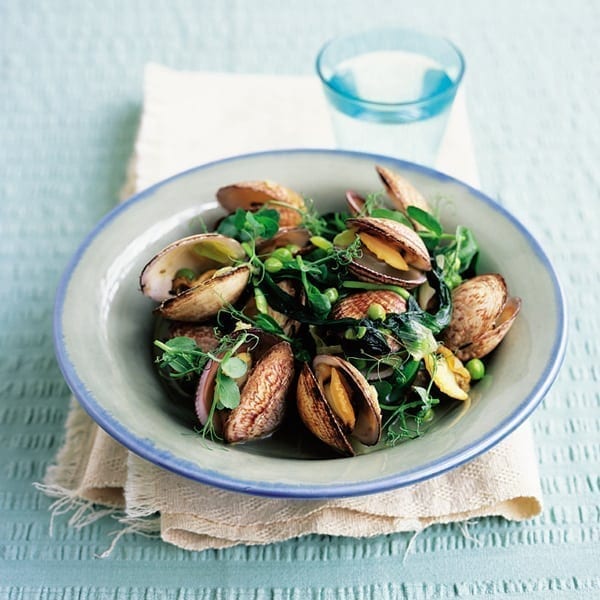 Clams with pea shoots and wild garlic