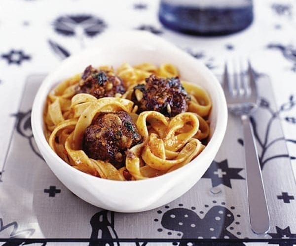 Meatballs with tomato pesto tagliatelle