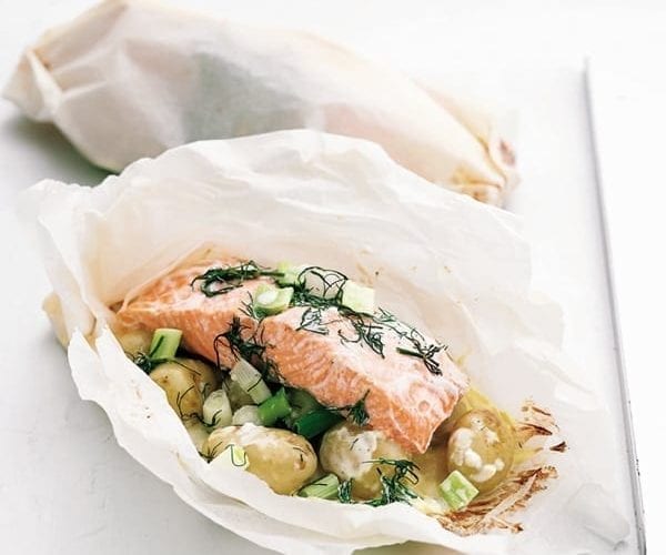 Baked salmon and potato parcels