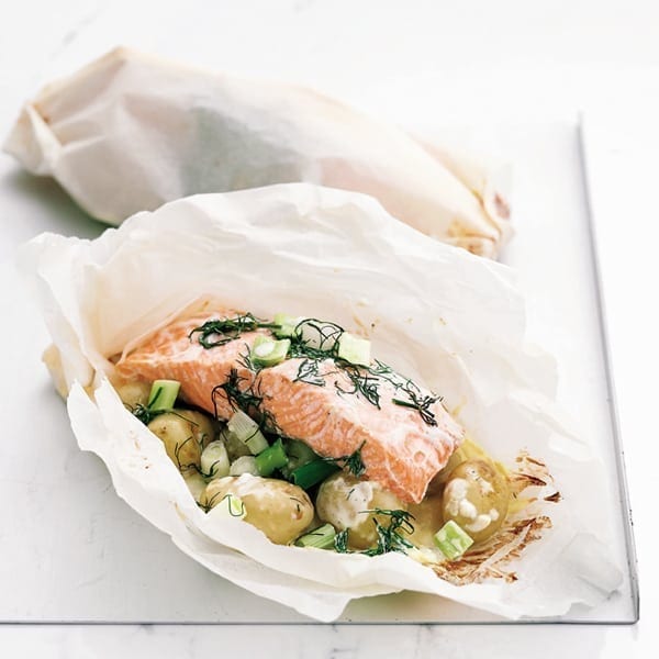 Baked salmon and potato parcels