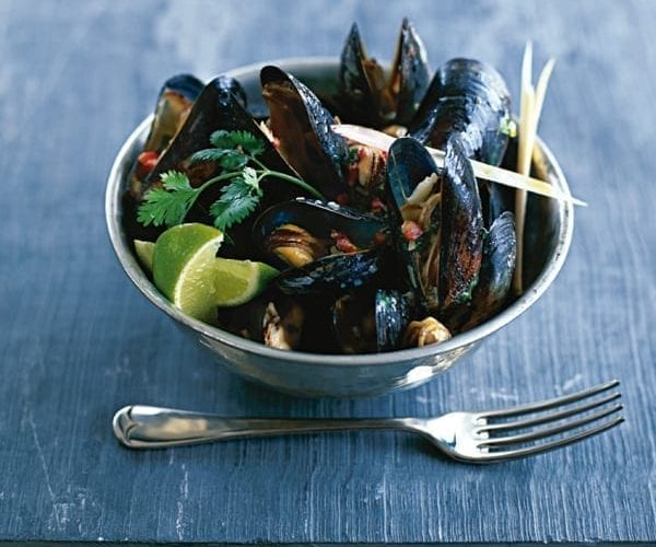 Grilled miso, lime and ginger mussels