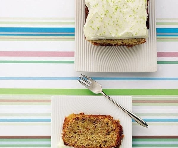 Courgette cake on a stripe tablecloth