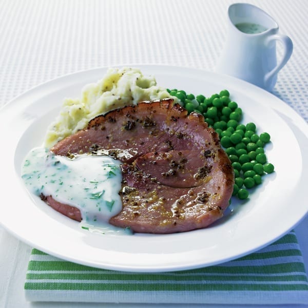 Gammon with mustard mash and parsley sauce