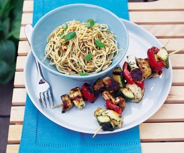 Halloumi and roasted veg kebabs