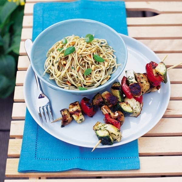 Halloumi and roasted veg kebabs