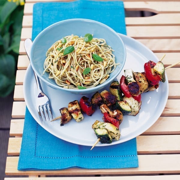 Halloumi and roasted veg kebabs with basil spaghetti