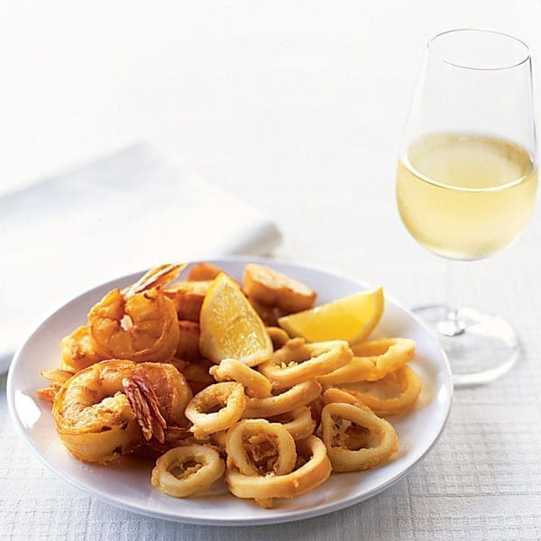 Battered squid, scallops and prawns