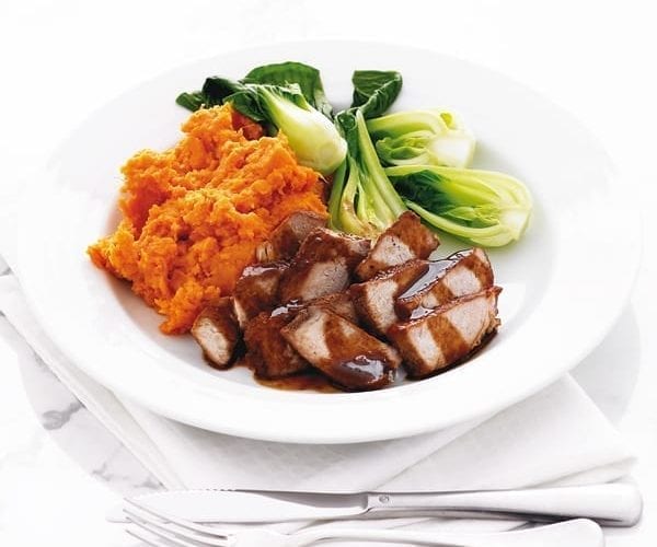 Honey and soy-glazed pork with sweet potato mash