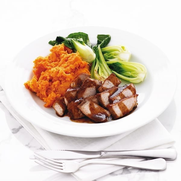 Honey and soy-glazed pork with sweet potato mash