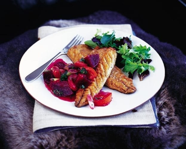 Pan-fried mackerel with warm beetroot, tomato and lime salsa