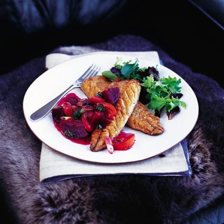 Pan-fried mackerel with warm beetroot, tomato and lime salsa
