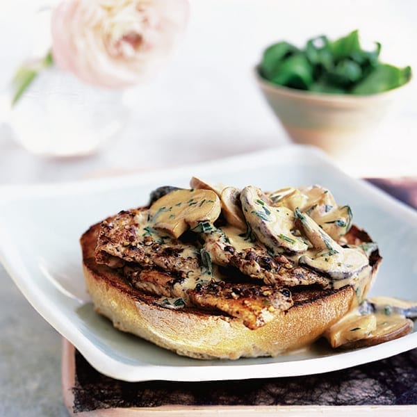 Peppered pork steaks with stroganoff sauce