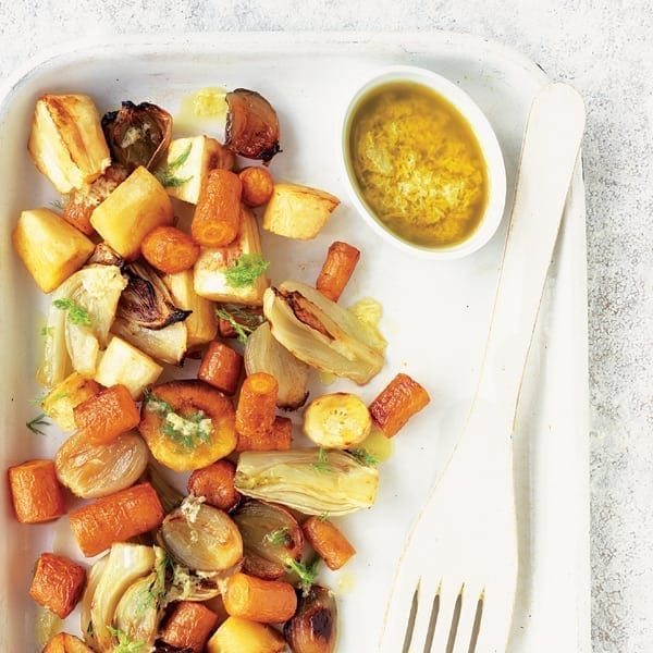 Roasted root vegetables with horseradish and lemon sauce