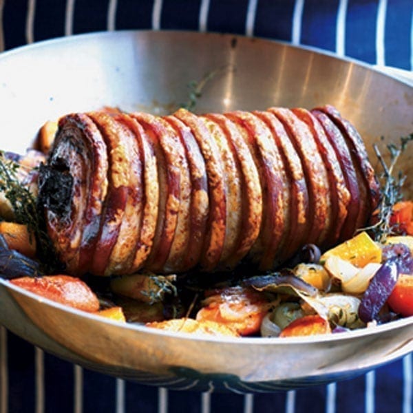 Spiced pork belly stuffed with prunes