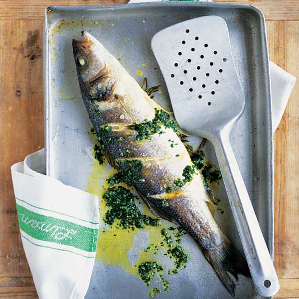 Grilled sea bass with fresh rosemary and parsley pesto