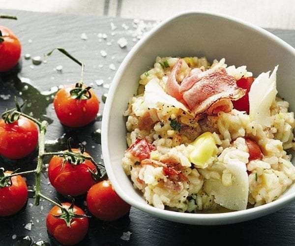 Oven-baked chicken, bacon and barley risotto