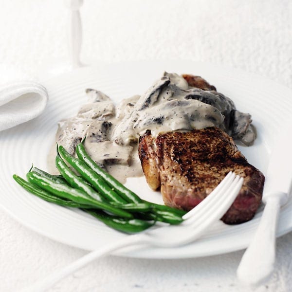 Rump steak with mushroom and peppercorn sauce