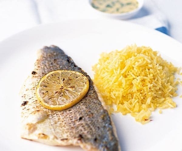 Grilled sea bass with fennel sauce and saffron pilau rice