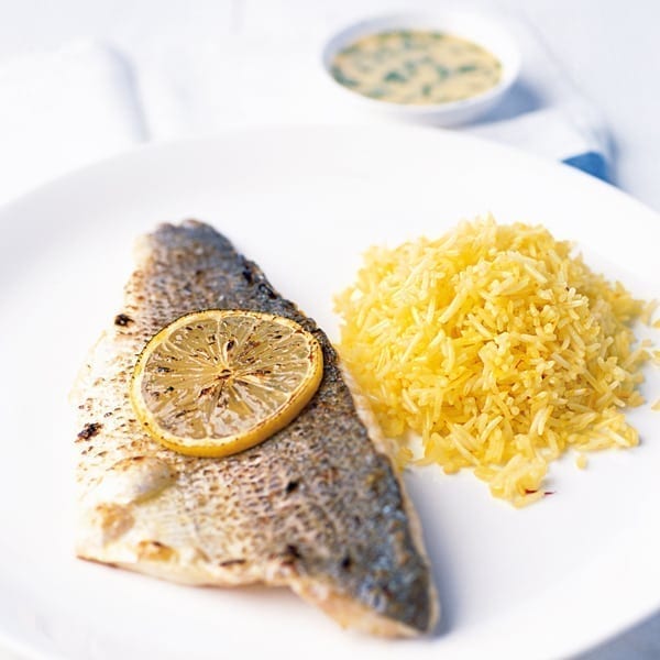 Grilled sea bass with fennel sauce and saffron pilau rice