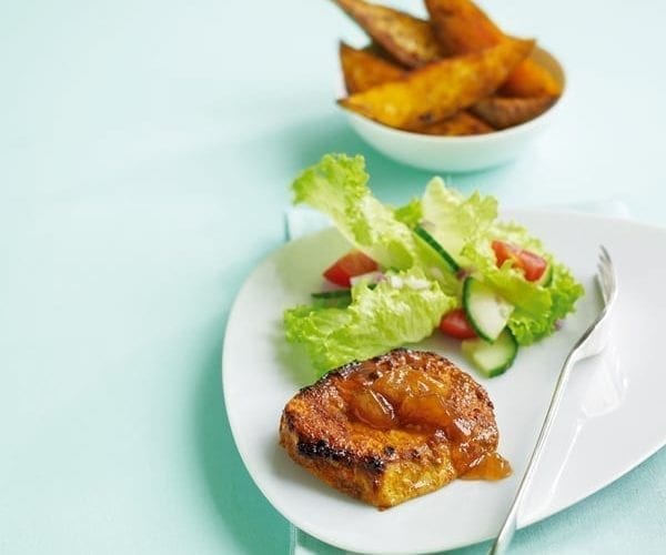 Tikka pork chops with Bombay-spiced sweet potato wedges