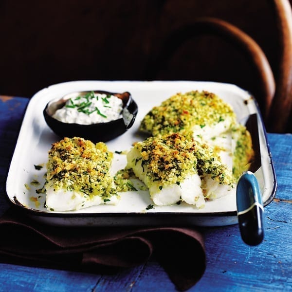 Baked fish with a herb and lemon crust