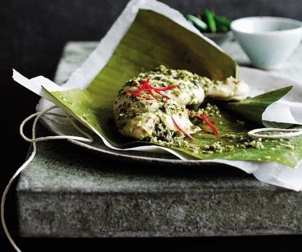 Trout grilled in banana leaf with Asian-style slaw