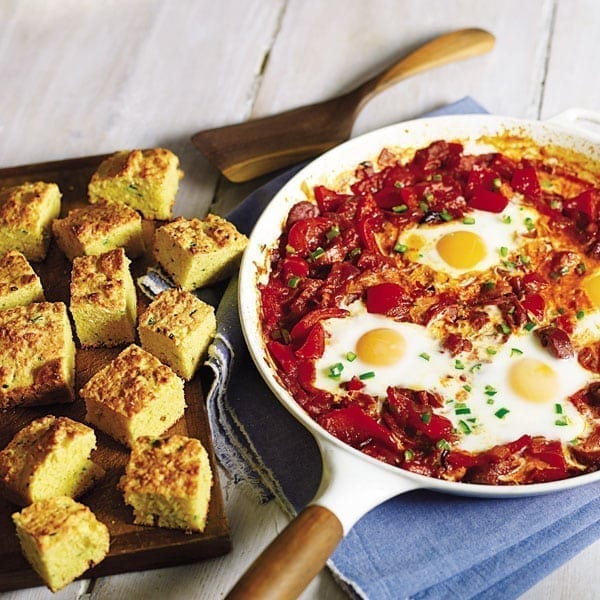Tomato and spicy sausage baked eggs with cornbread