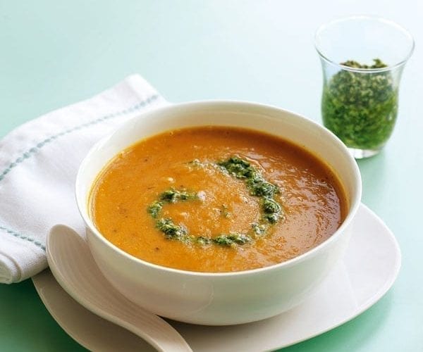 Roasted vegetable soup with walnut and sage pesto