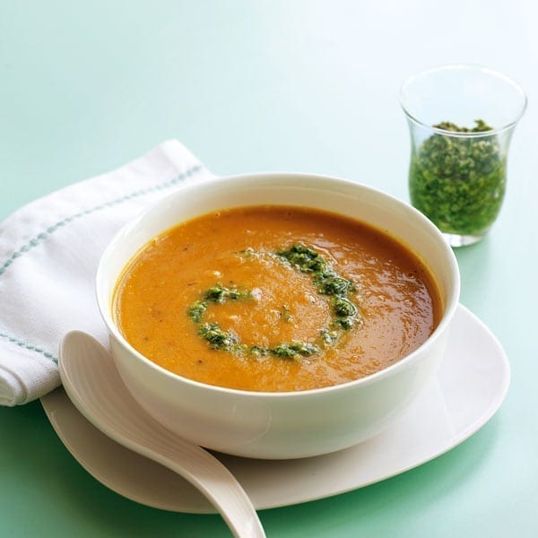 Roasted vegetable soup with walnut and sage pesto