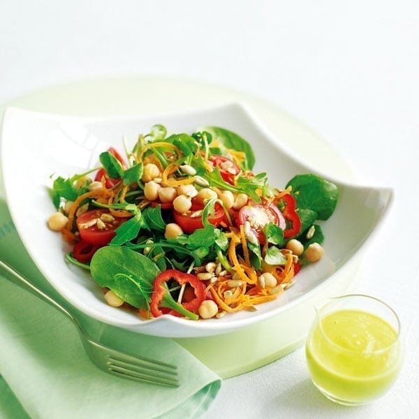 Chickpea, tomato and red pepper salad, avocado dressing