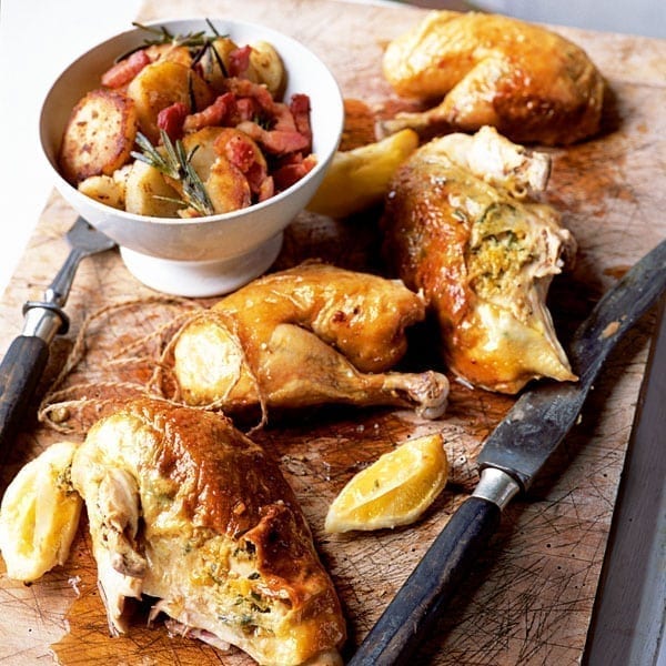 Garlic roast chicken with rosemary and pancetta