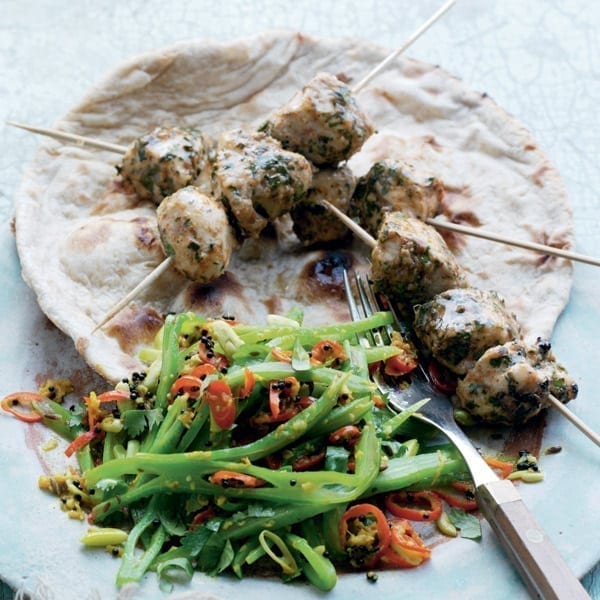 Gujarati-style runner beans with spiced chicken skewers