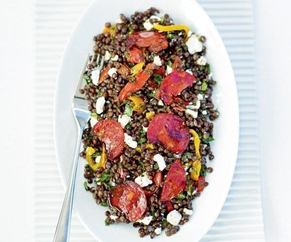 Puy lentil, chorizo and goat’s cheese salad