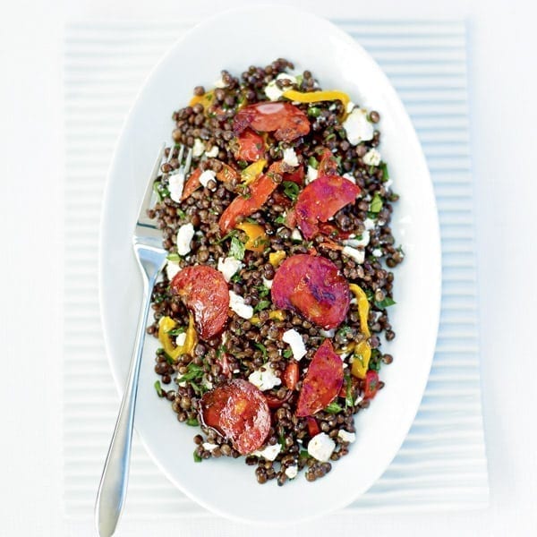 Puy lentil, chorizo and goat’s cheese salad