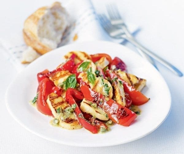 Peppers and halloumi with herby caper dressing