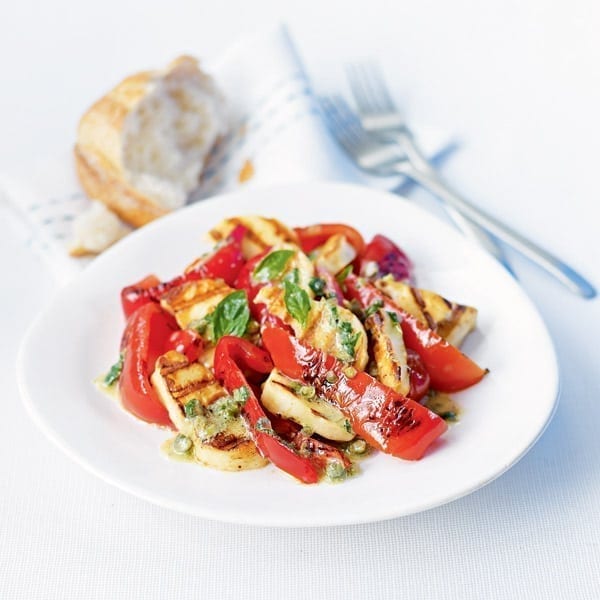 Peppers and halloumi with herby caper dressing