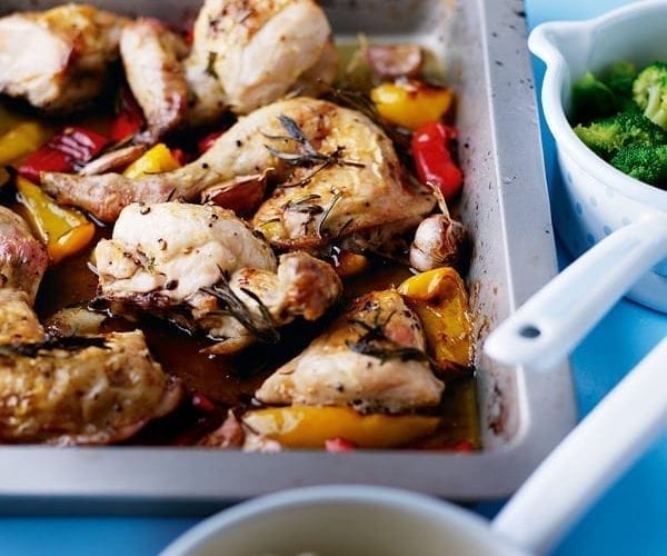 Roast chicken with lemon, oregano and olive breadcrumb stuffing