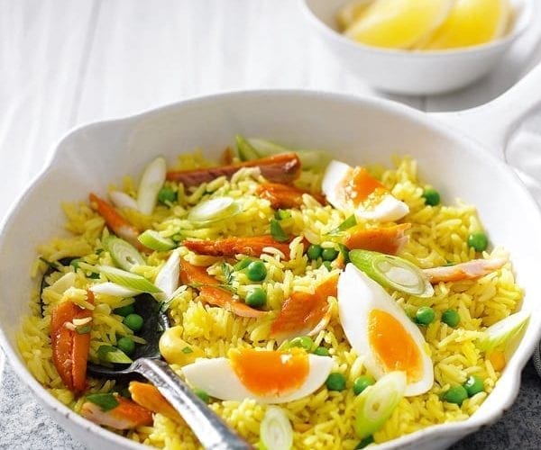 Kedgeree in a white bowl
