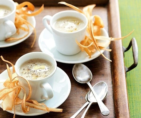 Artichoke soup and parsnip crisps