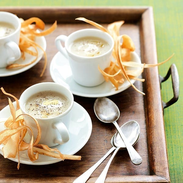 Artichoke soup and parsnip crisps