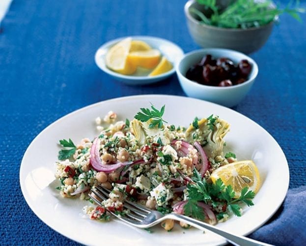 Zesty feta, artichoke and tomato bulgur wheat