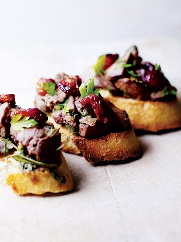 Chicken liver crostini with caramelised grapes