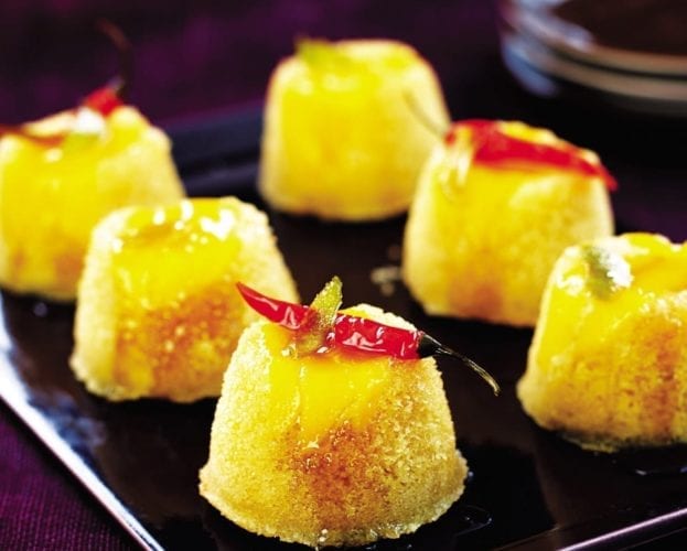 Mango puddings with chilli syrup