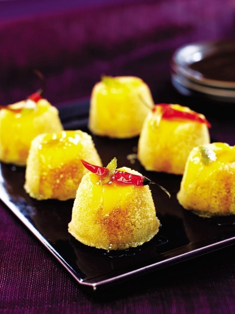 Mango puddings with chilli syrup