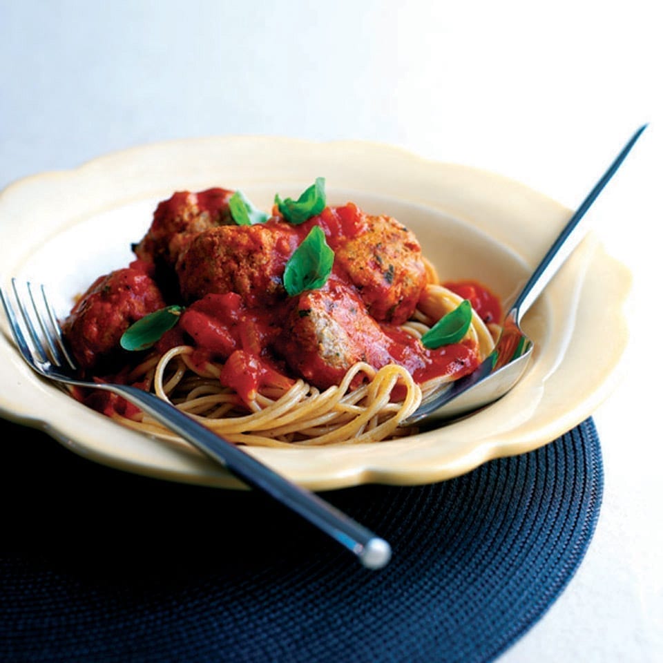 Pork meatballs with wholewheat spaghetti recipe delicious. magazine